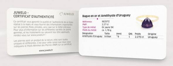 Certificat d'authenticité livrés avec les bijoux de Juwelo, votre bijouterie en ligne.